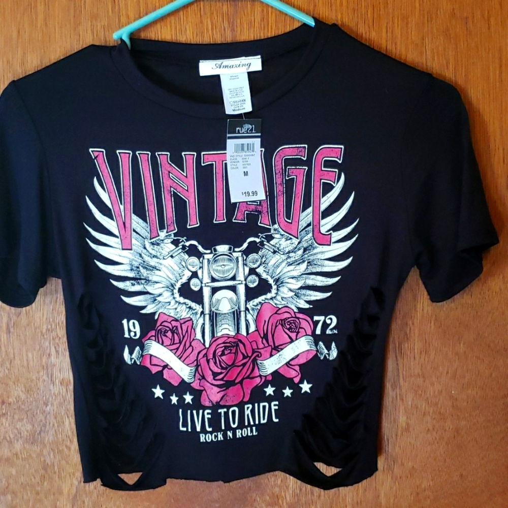 Vintage live to ride rock n roll crop top